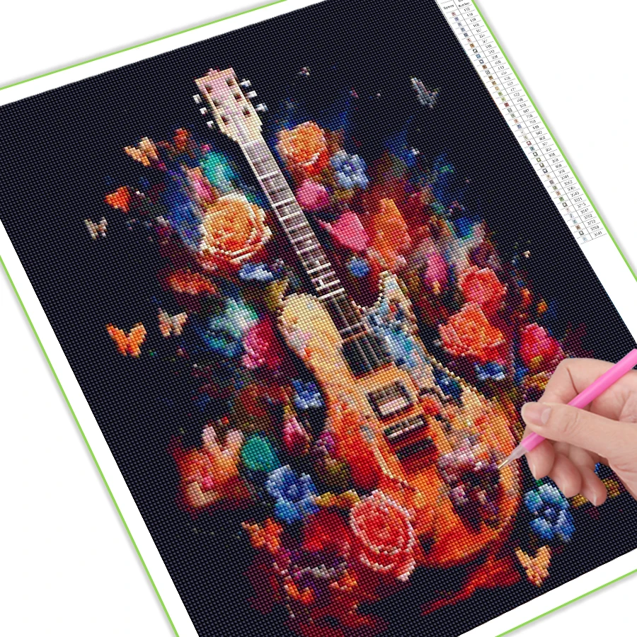 Diy Full Mosaic Art Guitar Flower Diamond Painting Kits New Collection Color Floral Rhinestone Embroidery Picture Wall Decor