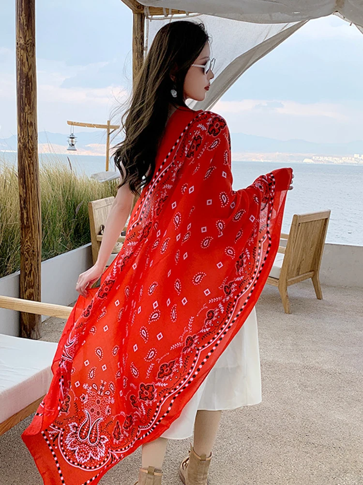 Summer Elegant Women Silk Scarf Beach Long Wrap Shawl Vintage Red Print Lady Sunscreen Bandana Hijab Mujer Bohemian Scarve Pareo