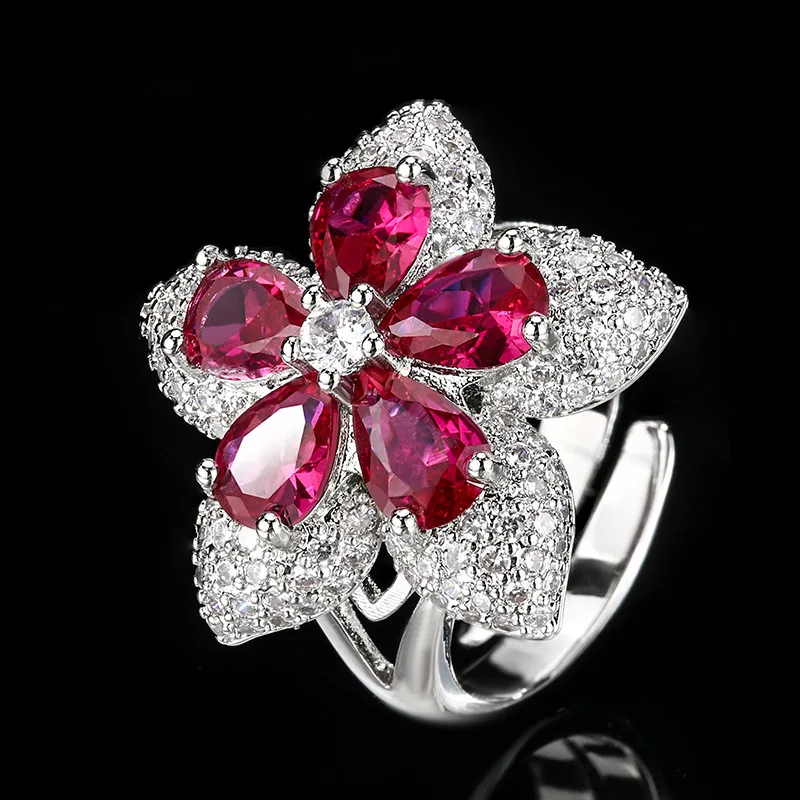 

Jewelry Accessories Open Ring Lucky Five-Star Flower Red Zircon High-End Fashion European and American Style Women Wholesale