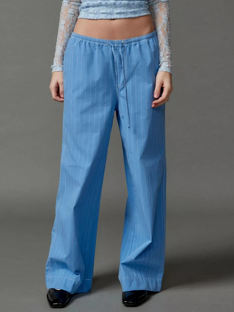 

Women Y2K Striped Palazzo Loung Pants Elastic Waist Plaid Drawstring Wide Leg Casual Pajama Trousers Streetwear