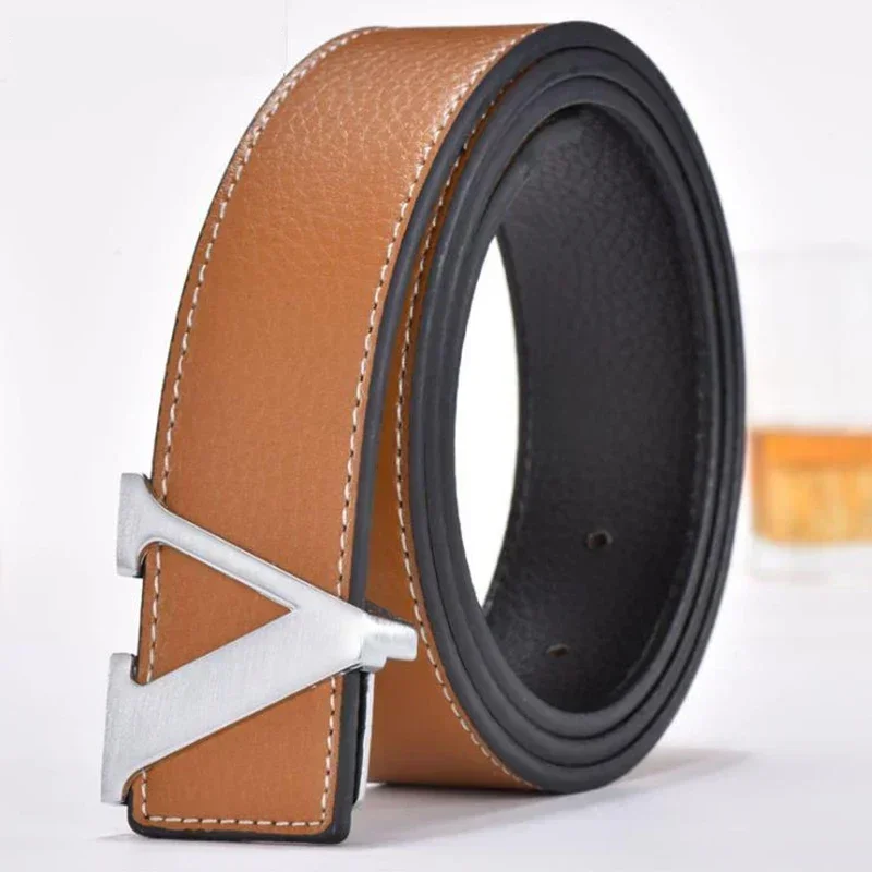 High Quality Smooth Buckle Korean Fashion V Genuine Leather Pants Jeans Belt for Men Women Luxury Brand Designer Cowboy