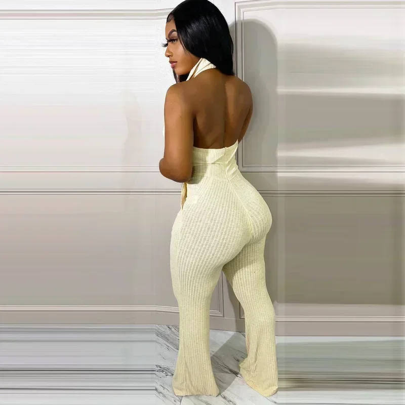 GUWU Turn Down Collar Halter Sexy Jumpsuit Pocket Knitted Ribbed Backless Skinny Bodycon Rompers Clubwear Overalls