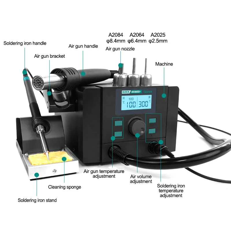 

8686D+ 2 in 1 Rework Station Hot Air Gun Electric Soldering Iron Mobile Phone Screen Motherboard Lead-free Phone Repair