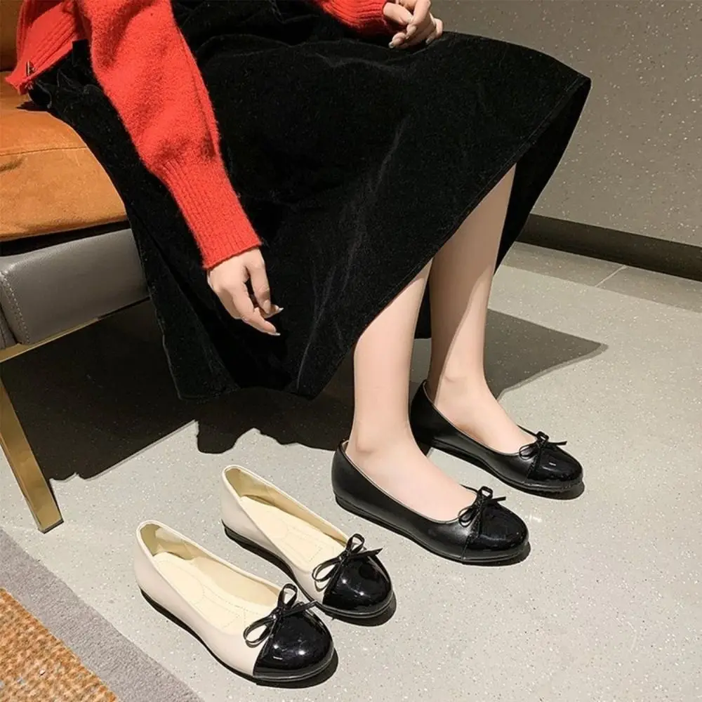 

Comfortable Sweet Women Flat Shoes Round Toe Bowknot Low Heeled Shoes PU Leather Low Cut Ballet Flats Shoes Women