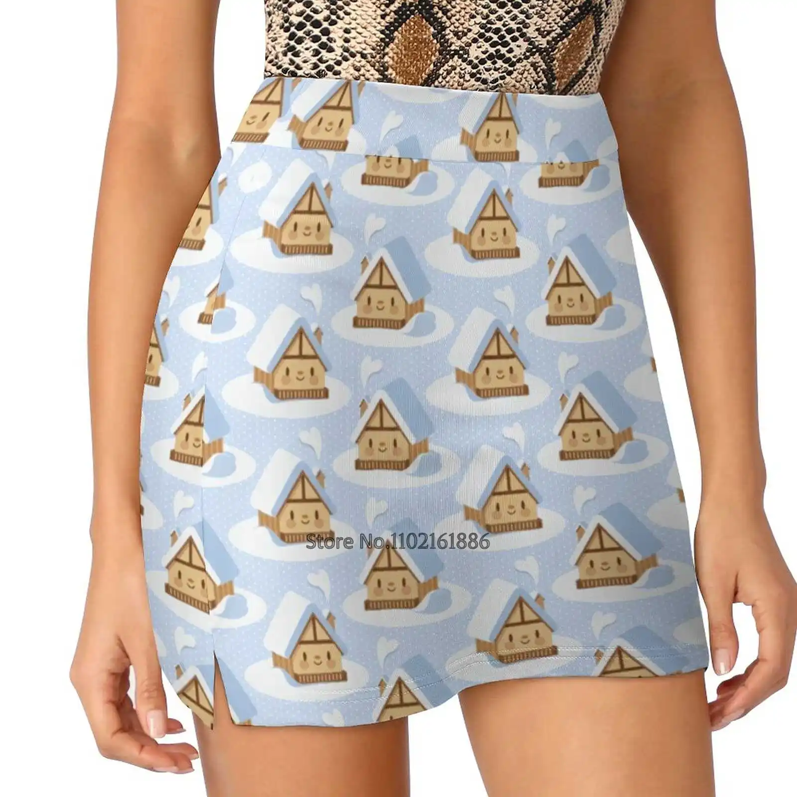 Cute Alpine Chalet New Women Skirts Double-Layer Printed Short Dress Mini Sport Skirt Pattern Chalet Alpine Cute House Cabin