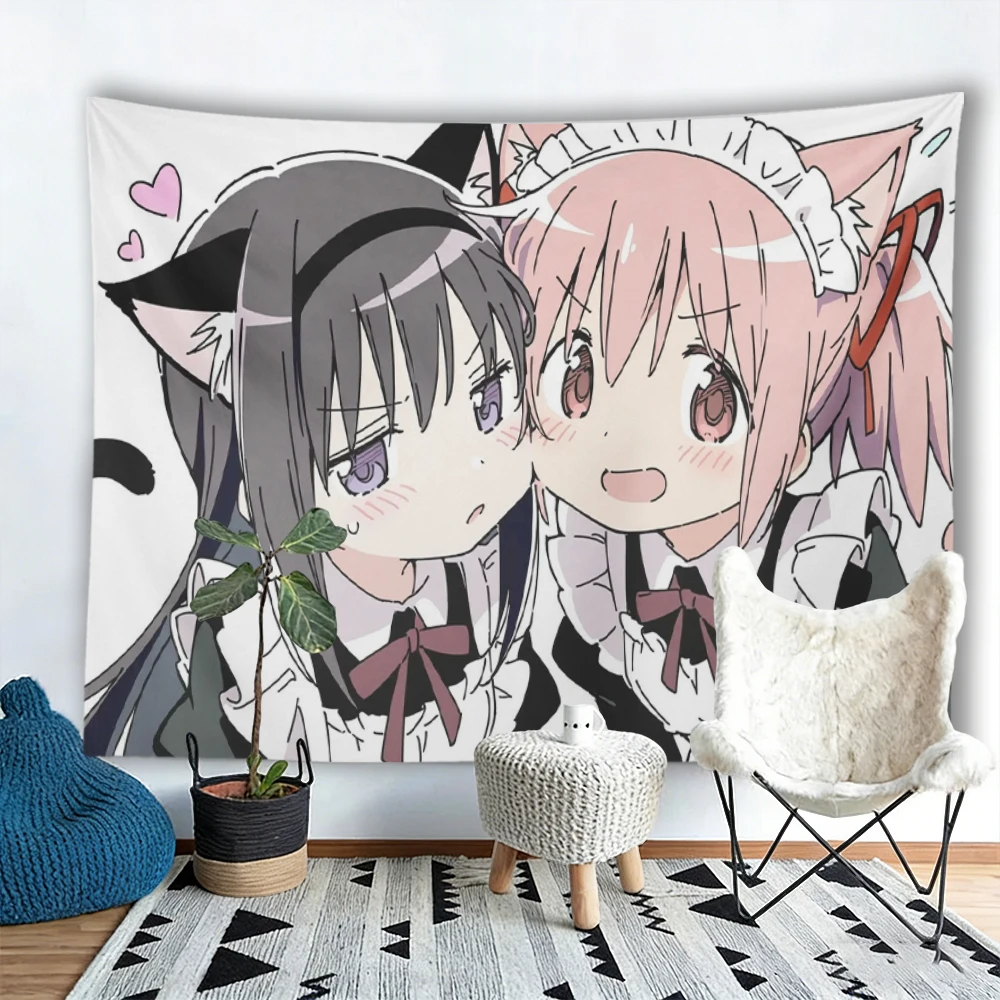 Magical Girl Anime Fan Gift Tapestry Cute Maid Outfit Cat Ears Wall Hanging for Girls Bedroom Dorm