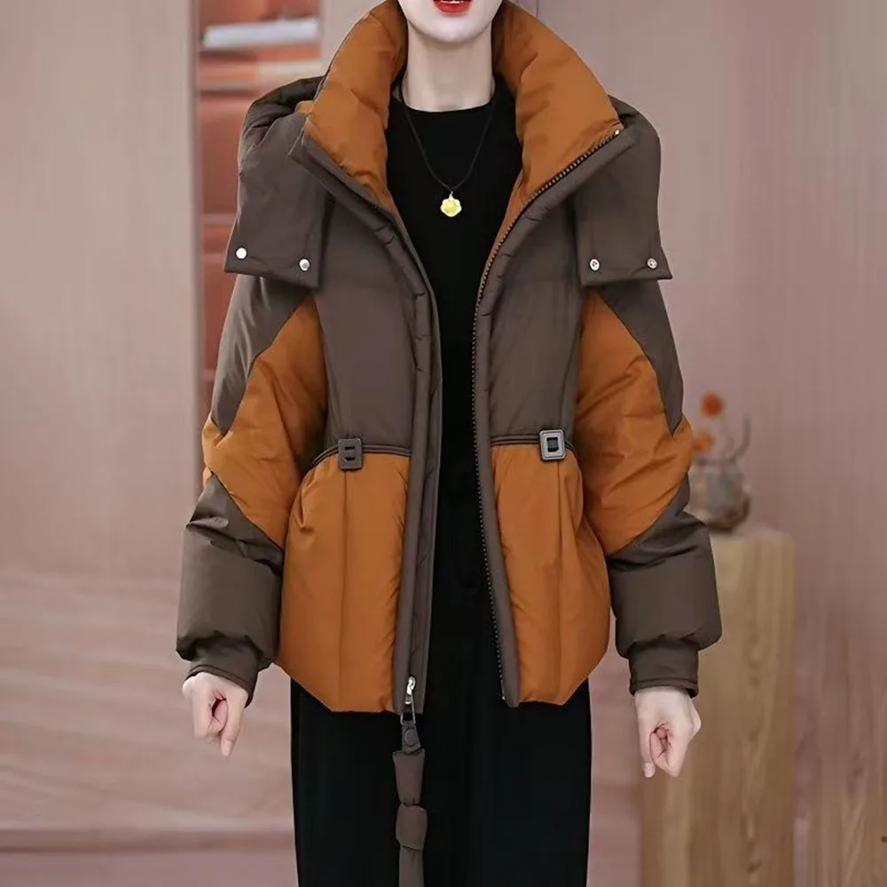 

Зимняя короткая пуховая хлопковая куртка контрастного цвета с капюшоном, женские парки, корейское свободное пальто с хлопковой подкладкой, женская теплая верхняя одежда