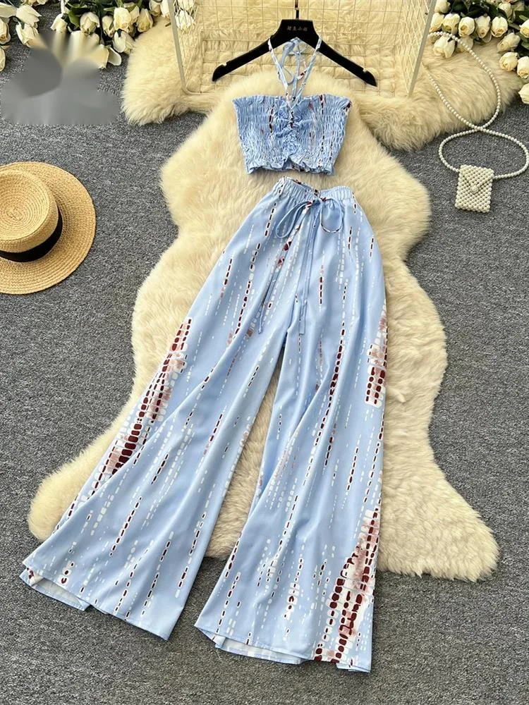 

Boho Beach Casual Suits Women Shirred Halter Mini Camisole+Loose Wide Leg Pants Summer Print Spicy Girl Lazy 2pcs Sets