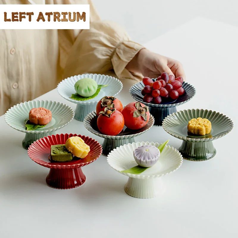 Creative Chrysanthemum Petal Art Ceramic High Foot Fruit Plate Zen Snack Dried Fruit Tray Dessert Dish Tea Ceremony Accessories