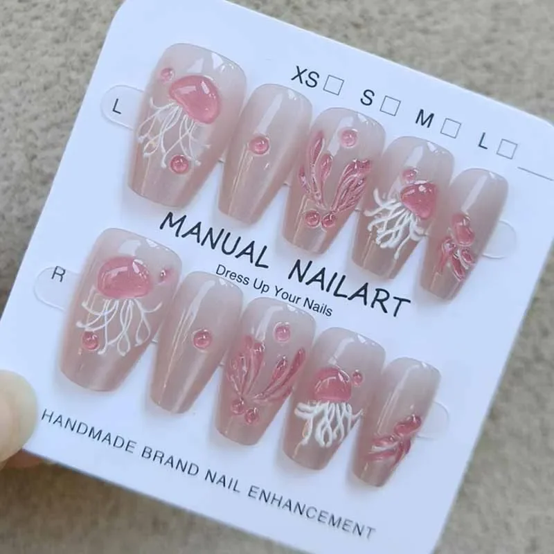 10pcs Girl's 3D Cute Pink Jellyfish Purple Mermaid Middle-T Short Ballet Square Head Press on Nails False Nails Nails Tips