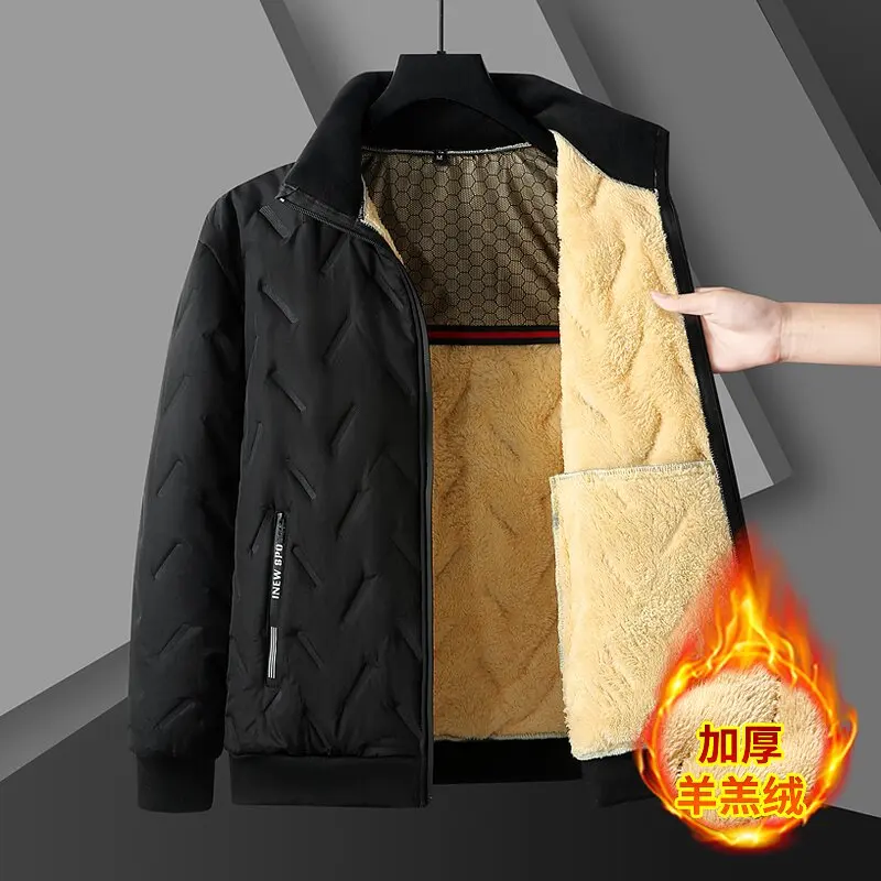 2024 Winter New Fashion Solid Color Plus Fleece Thick Warm Cotton-Padded Jacket Men's Casual Loose Large Size High Quality Coat