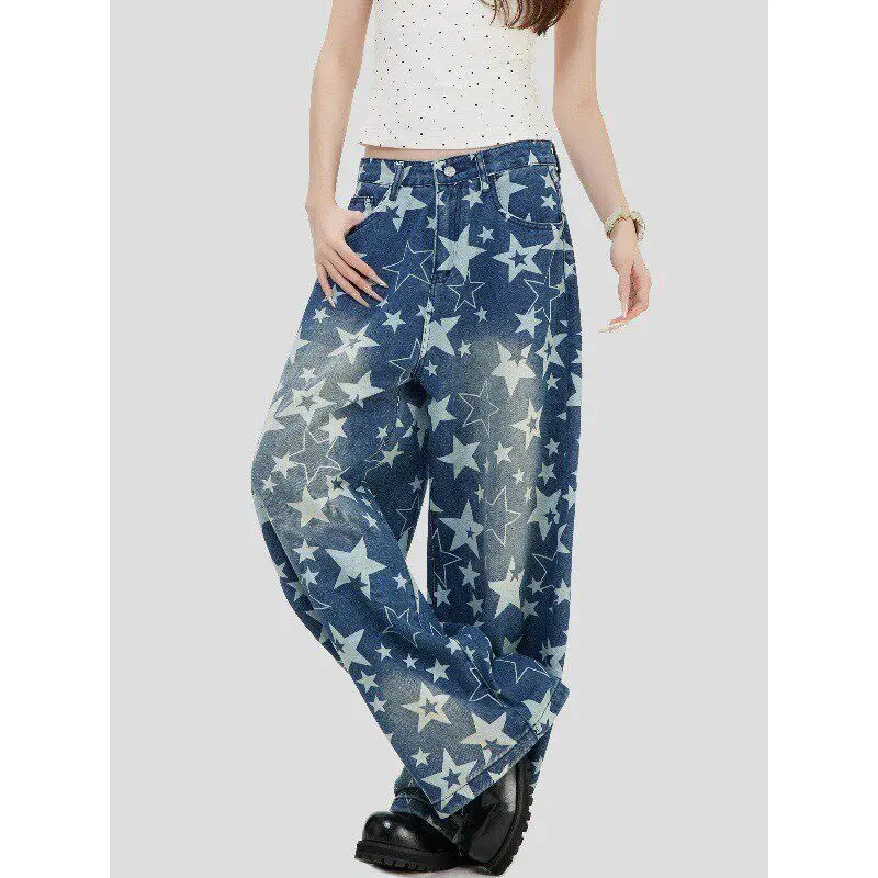 

American Style Loose Fit Star Print Washed Denim Jeans Casual Long Pants Low Waist Drawstring Other Fabric Men's Fashion