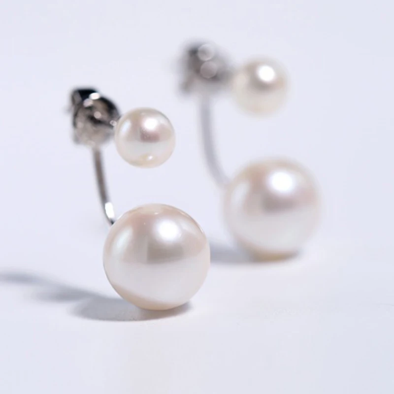 6-7mm 9-10mm Stud Bread Real Pearl White Earrings 925 Silver Double Bead For Women'S Girl'S Gift