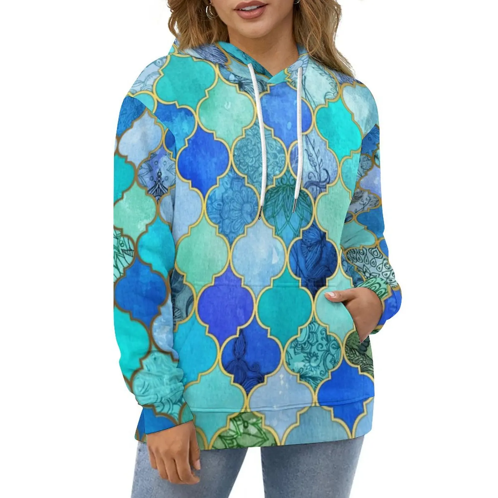 

Retro Geo Print Hoodies Moroccan Tile Hip Hop Oversized Hoodie Female Long Sleeve Y2k Design Casual Sweatshirts