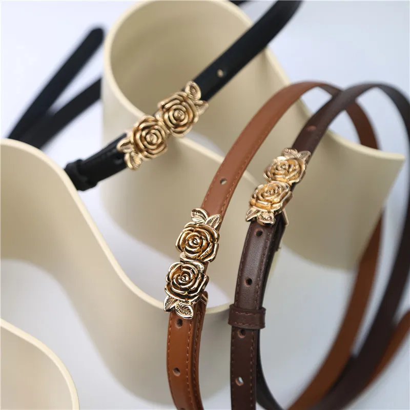 

Роскошный узкий ремень из 3D сплава розы с пряжкой из натуральной кожи, регулируемые женские тонкие ремни, женские платья, джинсы, модный пояс