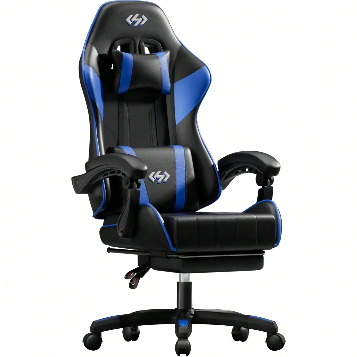 HLDIRECT Gaming Chair, Ergonomic Computer Office Chair With Lumbar Support Footrest Headrest, Adjustable Height & Backrest Angle Video Gamer Chair, PU Leather, 360° Swivel, Adult,Black And Blue
