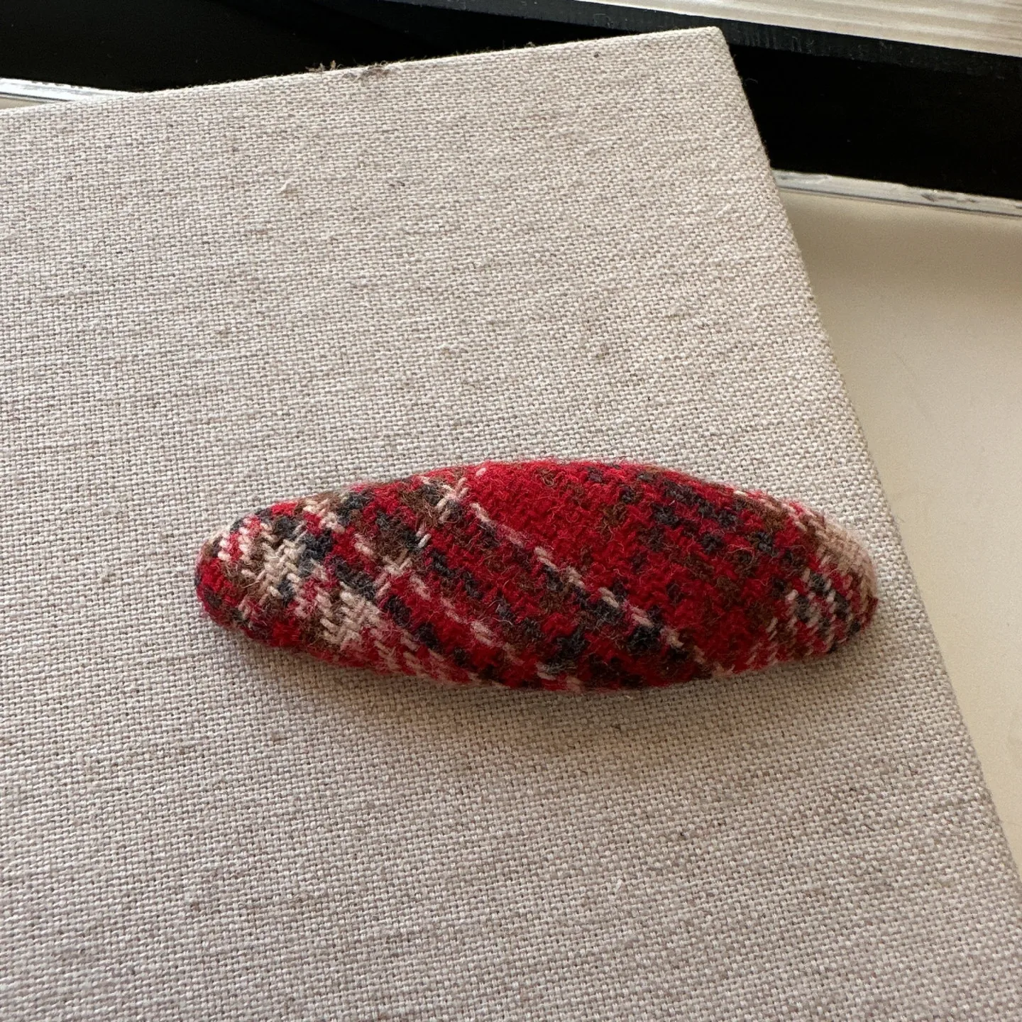 

Red Plaid Tweed Barrette for Side Bangs Broken Hair Winter Festive Cozy Non Slip Premium Portable Soft Quality Essential