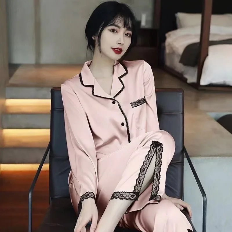 2023 New Spring Ice Silk Pajamas Women's Suits Long-Sleeved Trousers Thin Loose Sexy Pajamas Set Home Service Lace 2-piece