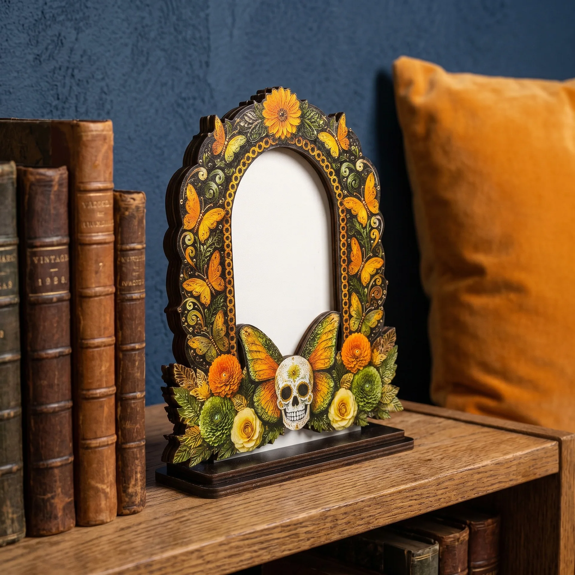 Dia De Los Muertos Wooden Ofrenda Shadow Box, Hand-Painted Calavera Photo Frame, Day of The Dead Memorial Display for Loved Ones