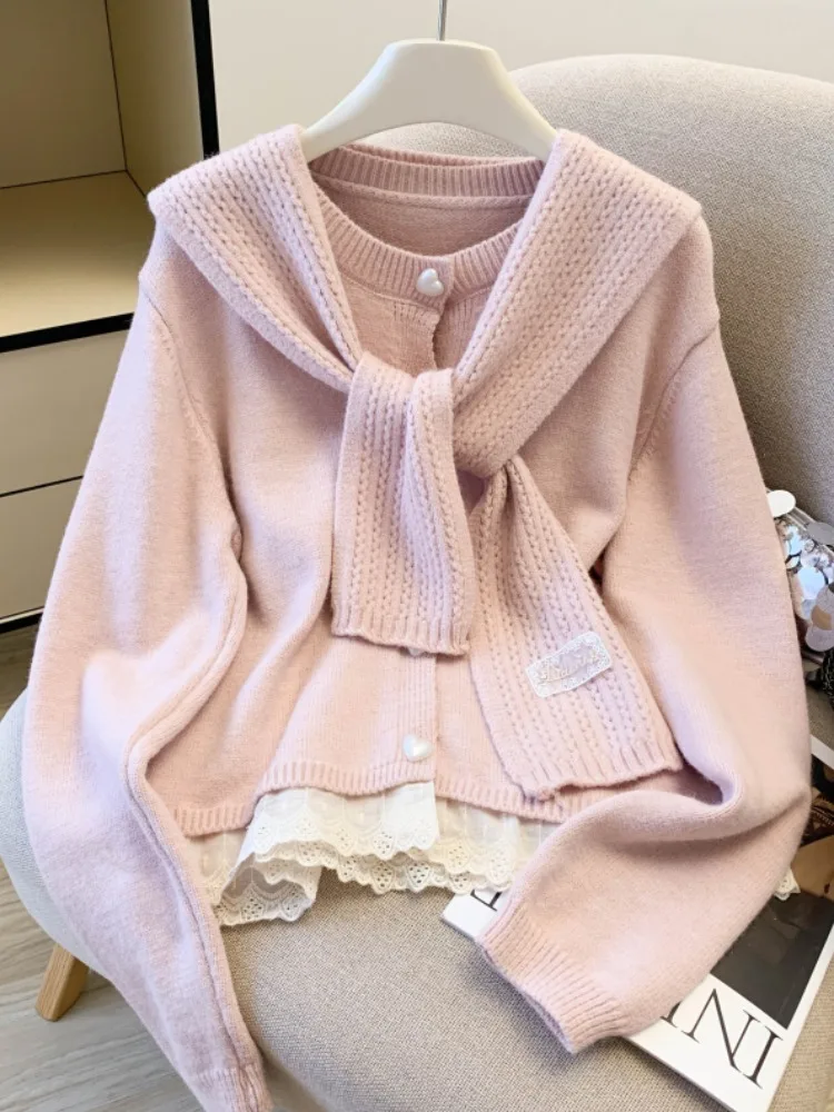 

Women's Loose Knitted Lace Splicing Open Cardigan Autumn Winter New Sle Long Sve Commute Korean Version Regular Length