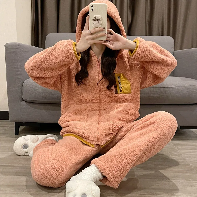 Coral velvet pajamas for women with thick autumn and winter warm home wear 2022 new Teddy velvet zipper high collar suit