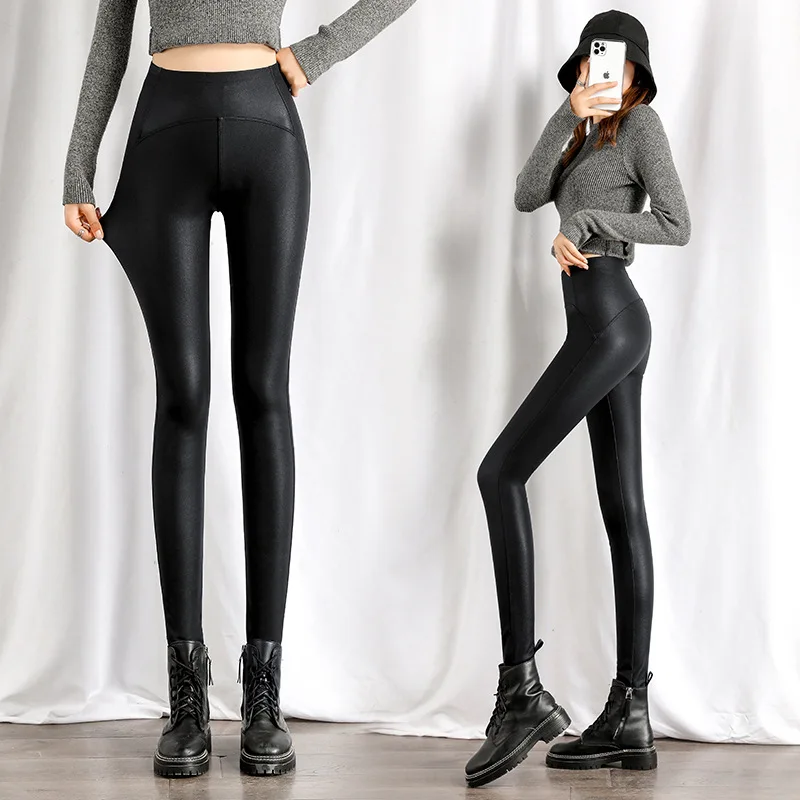 Matte Fce Lined Slimming Yoga Pants Women's High Waist Long Trousers Diamond Pattern Cross-Border PU Leather Pants