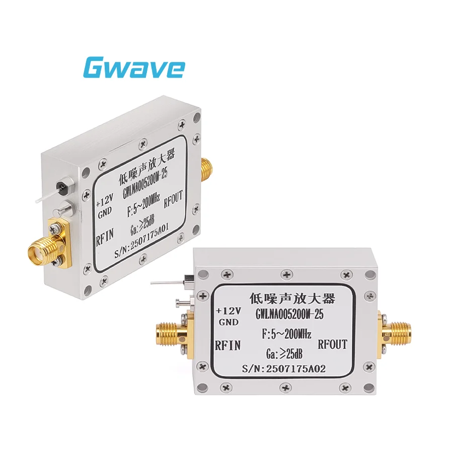 

Gwave GWLNA005200M-25 SMA Женский 3,0 дБ Шумная фигурка 5 МГц-200 МГц 50 Ом малошумящий усилитель (LNA) 25 дБ усиление RF усилителя
