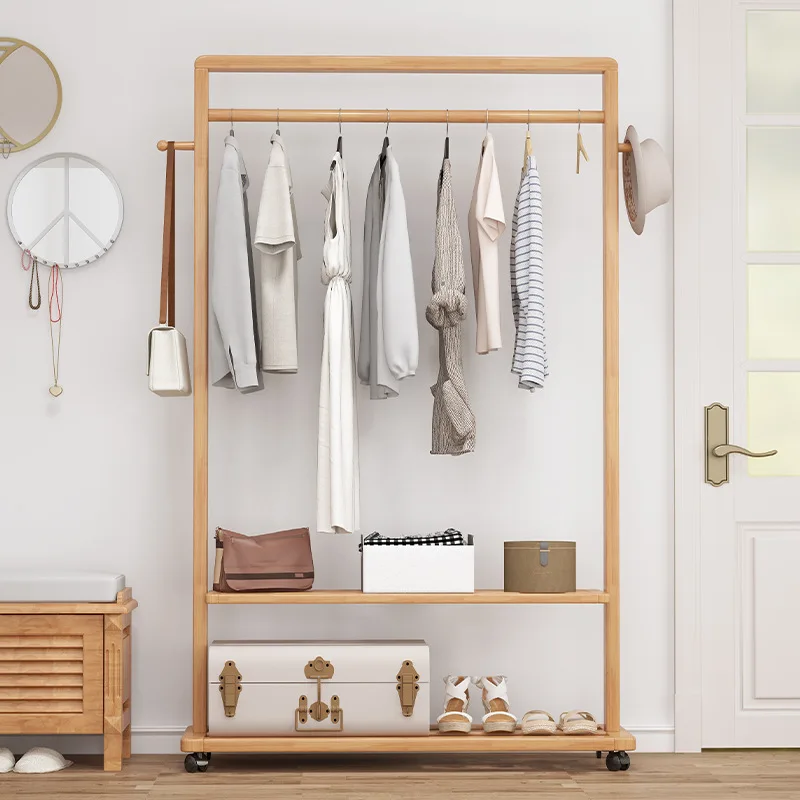 Rubber wood solid wood bedroom hanging clothes clothing store with wheels movable fitting rack