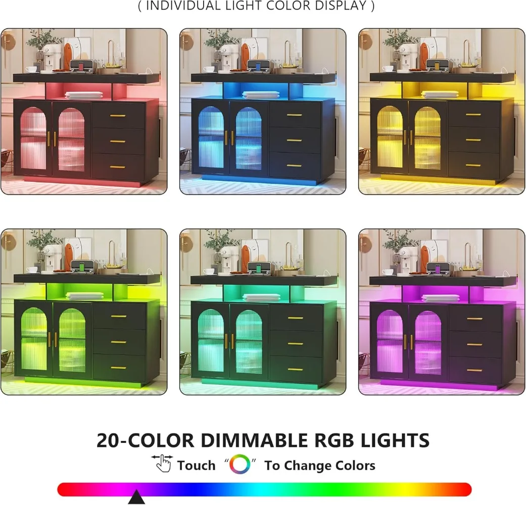 40" LED Buffet Cabinet with Wireless Charging Station,Auto Sensor RGB 20-Color Dimmable Sideboard with Human Body Induction