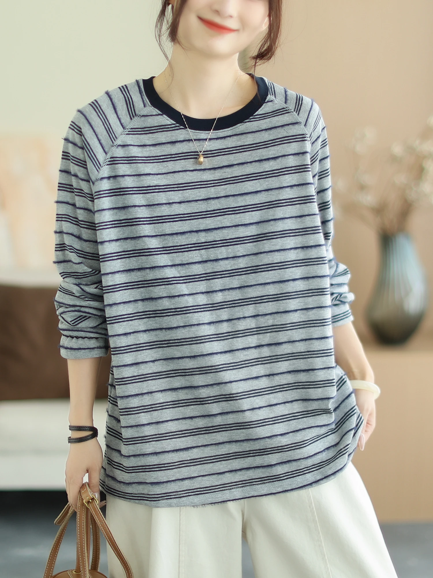 

Женская осенняя модная футболка Cyu в стиле ретро с полосками, из хлопка, с длинным рукавом, круглым вырезом, приталенная, с цветными блоками, для повседневной носки