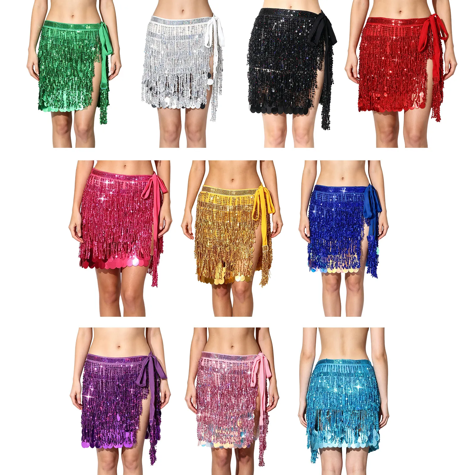 Women Sequin Fringe Dance Skirt Sparkly Tassel Hip Scarf Wrap Adjustable Mini Skirt for Belly Stage Performance Club