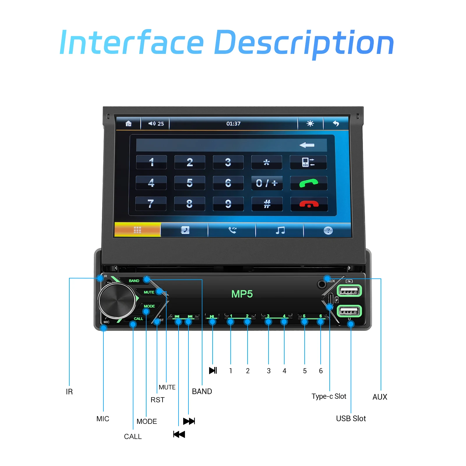 Podofo 7-Zoll-Autoradio mit einziehbarem Bildschirm, Unterstützung für Rückfahrkamera, 1 DIN, Auto-Audio-Player, TF-Karte/U-Disk, Autoradio-Stereoanlage, Bluetooth – Detail 16