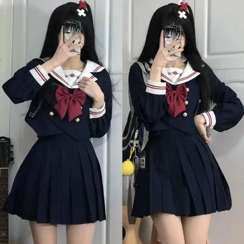 

Summer Short Long Sleeves Japanese School Uniforms Girls Two Pieces Suit Jk Uniform Sailor Sets Pleated Skirt Cos Costume