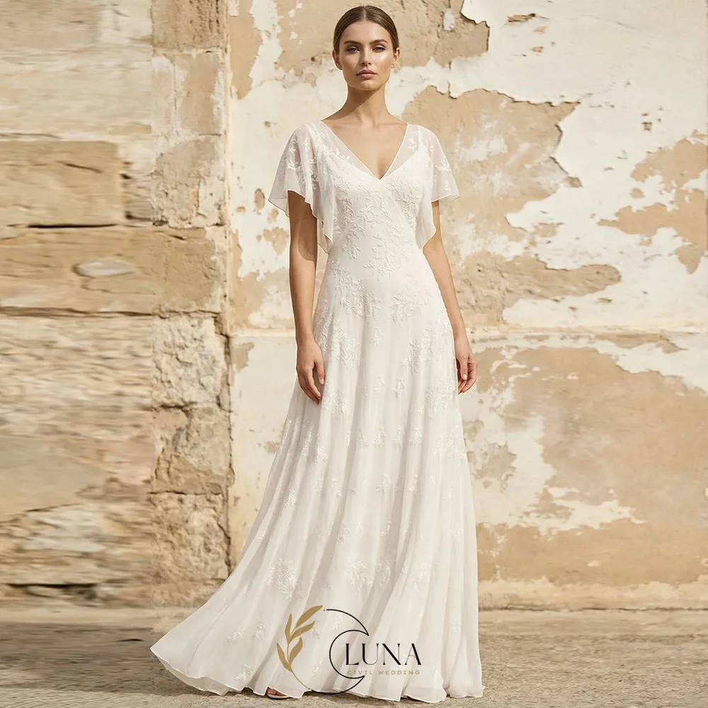 Luna Vintage Graceful Floral V-Neck Backless Side Button Decorated Lace Wedding Dress With Butterfly Sleeves Customized