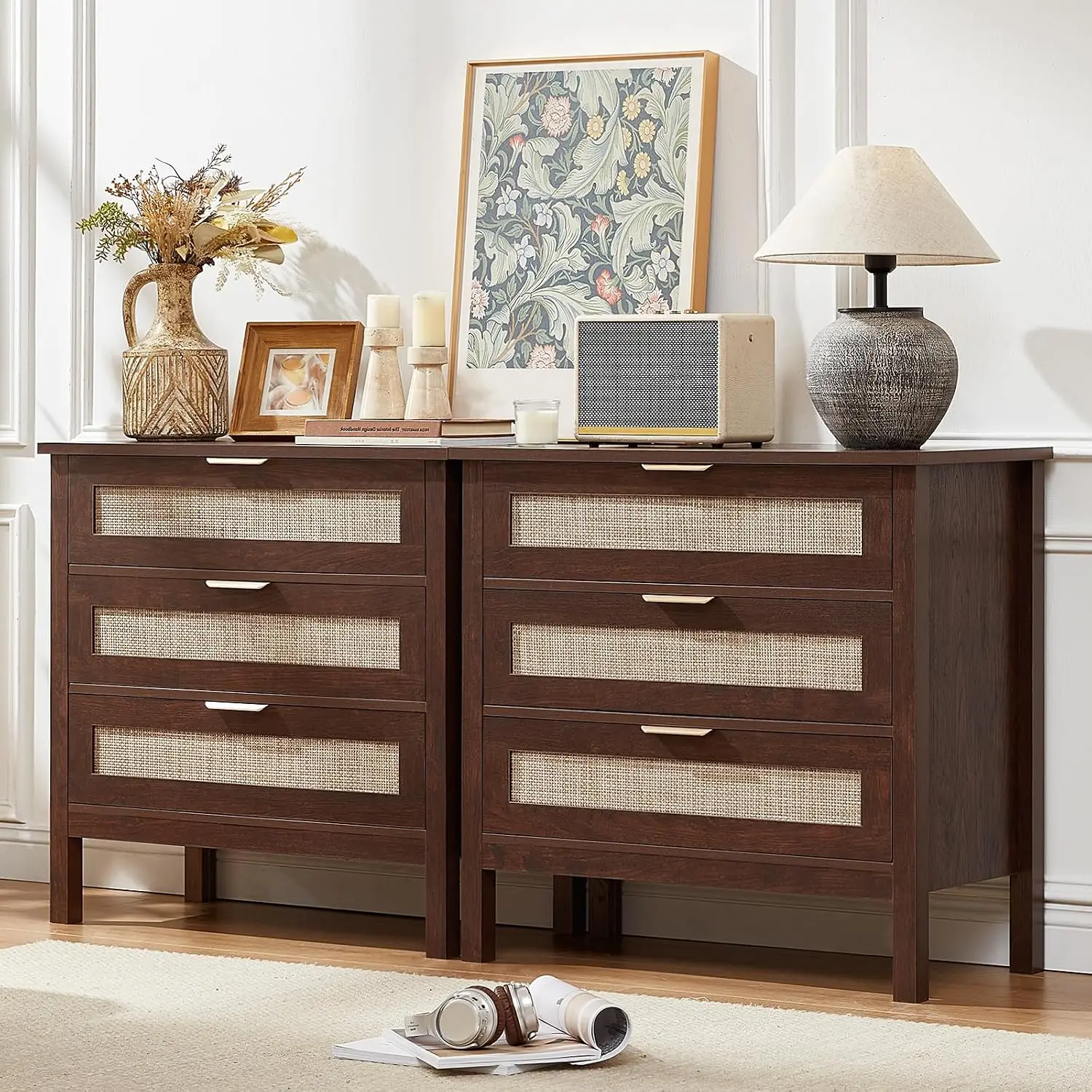 Rattan Nightstand Set of 2, 3 Drawer Bedside Table with Storage, Tall End Table for Bedroom Living Room, Walnut, Customized