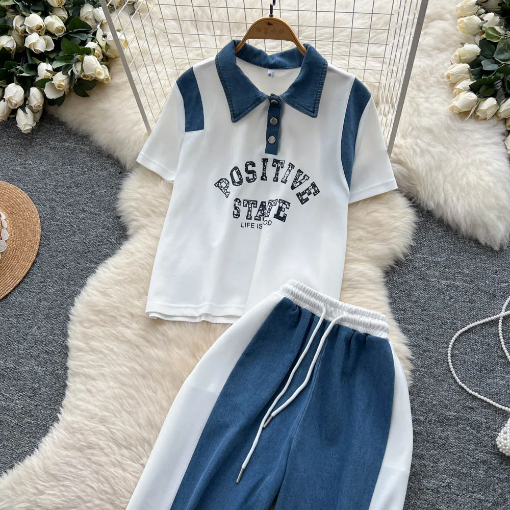 Conjunto de calças femininas conjuntos de duas peças conjuntos de correspondência manga curta casual topos perna larga calças compridas rendas até cintura elástica y2k streetwear