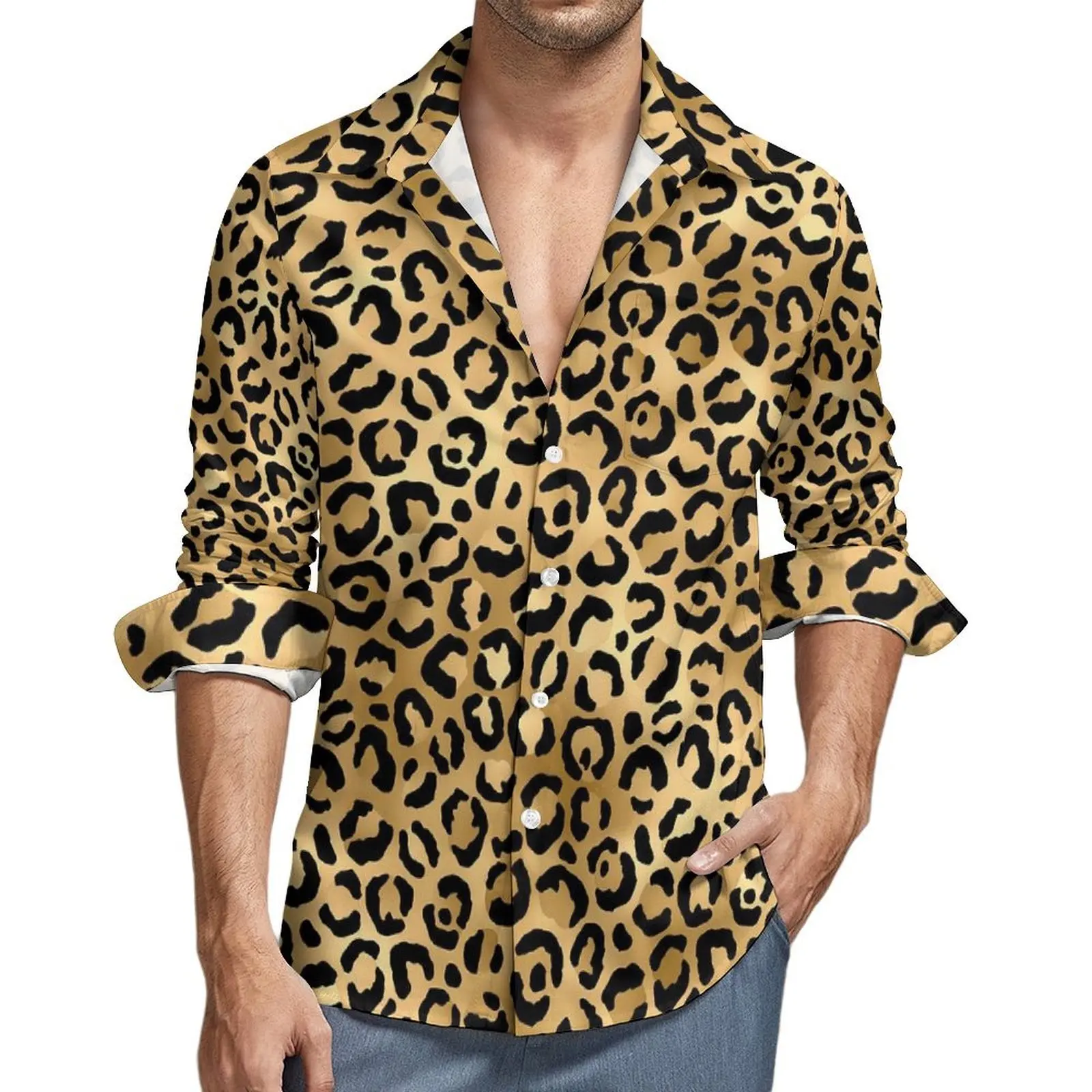 Black Gold Leopard Print Summer Shirt For Mens Beach Cheetah Animal Casual Shirts Short Sleeve Design Vintage Plus Size Blouses