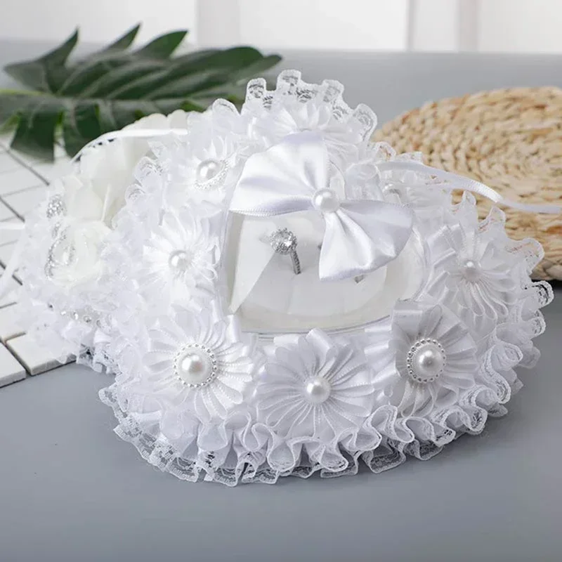 1PC Camellia Heart Shaped Bridal Ring Pillow Wedding Ribbon Bow Love Ring Box Valentine's Day Confession Ring Box