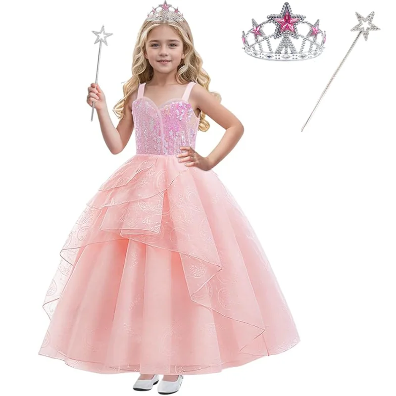 

Kids Pink Wicked Witch Glinda Costume Pink Wedding Dress Princess Sequins Mesh Outfits+Crown+Wand For Girls Carnival Birthday