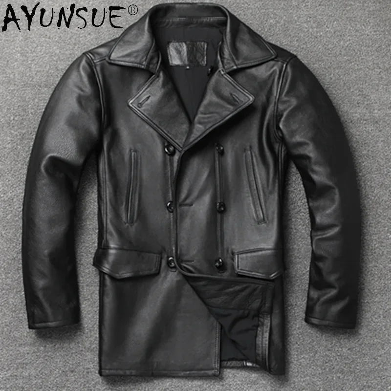 AYUNSUE Genuine Cowhide Jacket Men Autumn Mens Leather Jackets Mid-length Coat Black Cow Coats Veste Cuir Homme SGG995