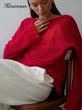סוודר אלגנטי לנשים Hirsionsan 2024 חדש סתיו חורף אופנתי נשים רפות פולוברים אדומים אפורים מגניבים סוודר Mujer