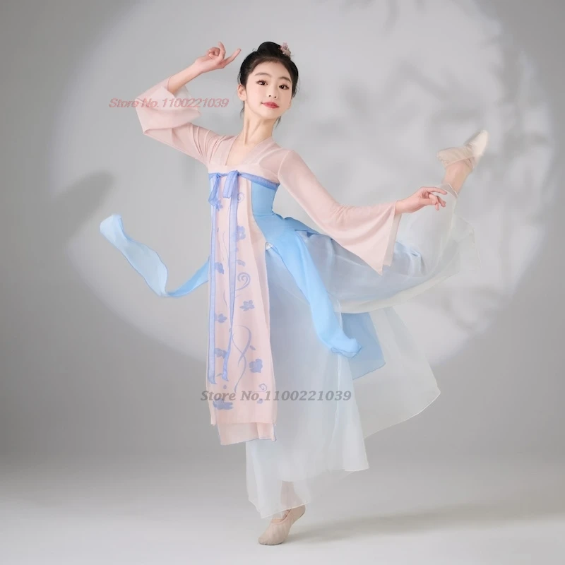 2025 traditionele chinese kinderen danskostuum vintage bloemenprint mesh hanfu tops + broek set toneelvoorstelling folk jurk