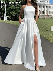 VITRCHP Slip Bridesmaid Dress Long Adjustable Straps A Line High Slit Cowl Neck Women Evening Party Dress Maxi Formal Vestido