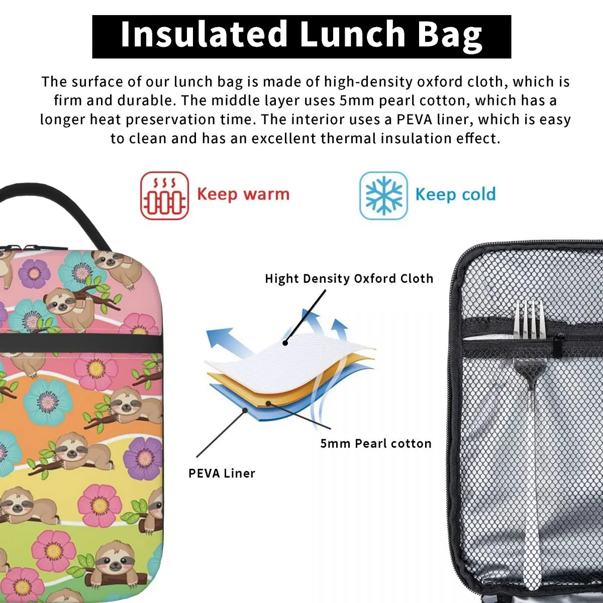 Sloth And Flower Insulated Lunch Bag for Women Kids Portable Food Boxes Thermal Lunch Box Tote