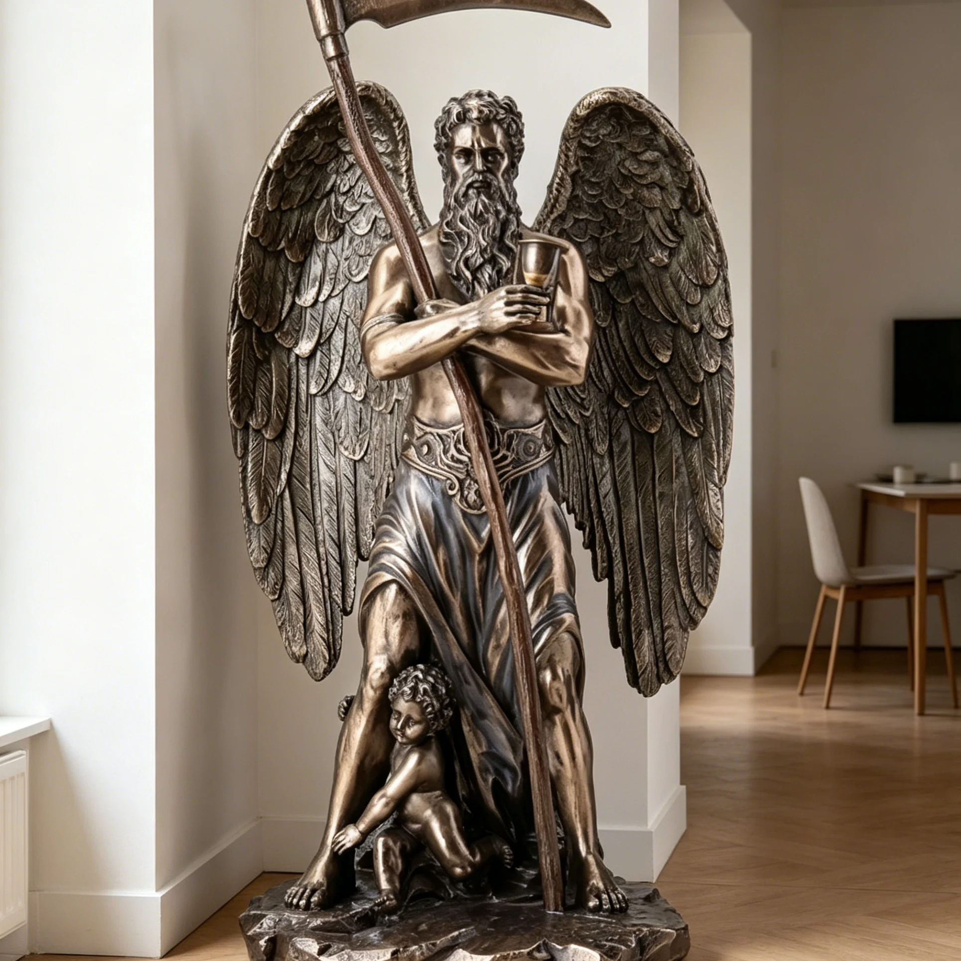a*-Father Time Statue with Scythe and Hourglass Large Resin Eco-Friendly Hand-Painted Mythology Sculpture for Garden Decoration.