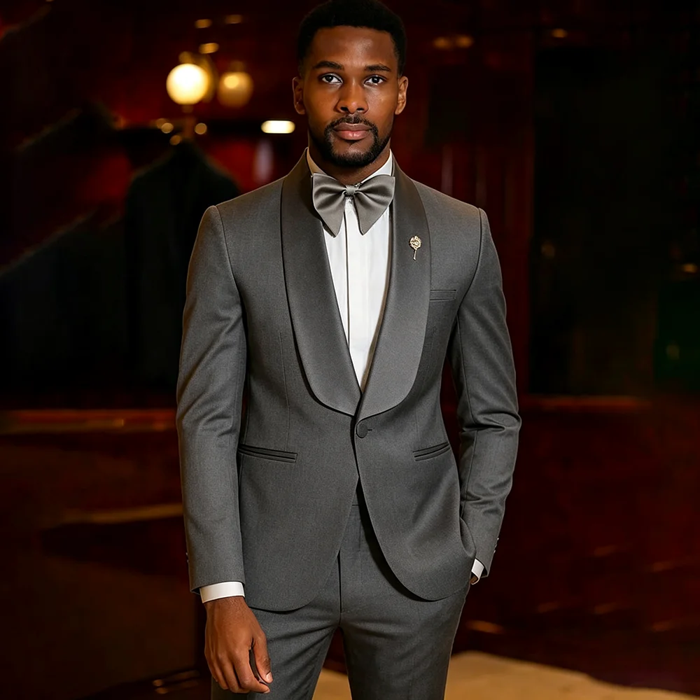 Elegant Burgundy Men's Tuxedo Suit Satin Shawl Lapel 2 Piece Jacket+Pants Formal Wedding Dinner Prom Party Gentlemen Costume
