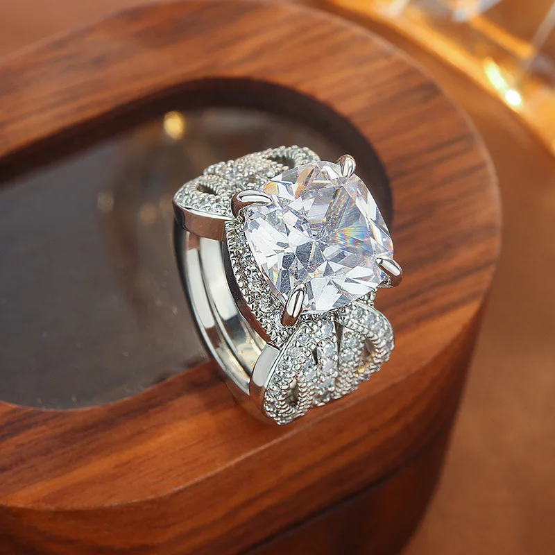 925 sterling silver hot selling sparkling diamond square combination women's ring fashion couple two-piece set engagement ring