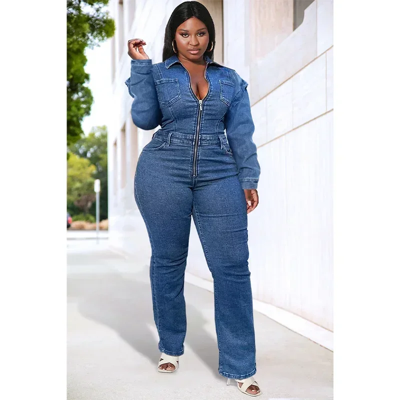 Plus Size Daily Jumpsuit Blue Long Sleeve Denim Zip Jumpsuit Women\'s Spring Autumn Bodysuit Solid Color Romper Jeans