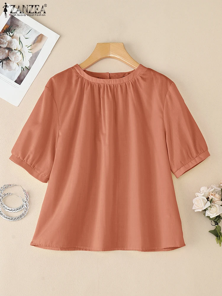 

2025 ZANZEA Summer Blouses Women Elegant Solid Work Shirt Casual Short Sleeve O Neck Blusas Mujer Female Office OL Tops Oversize