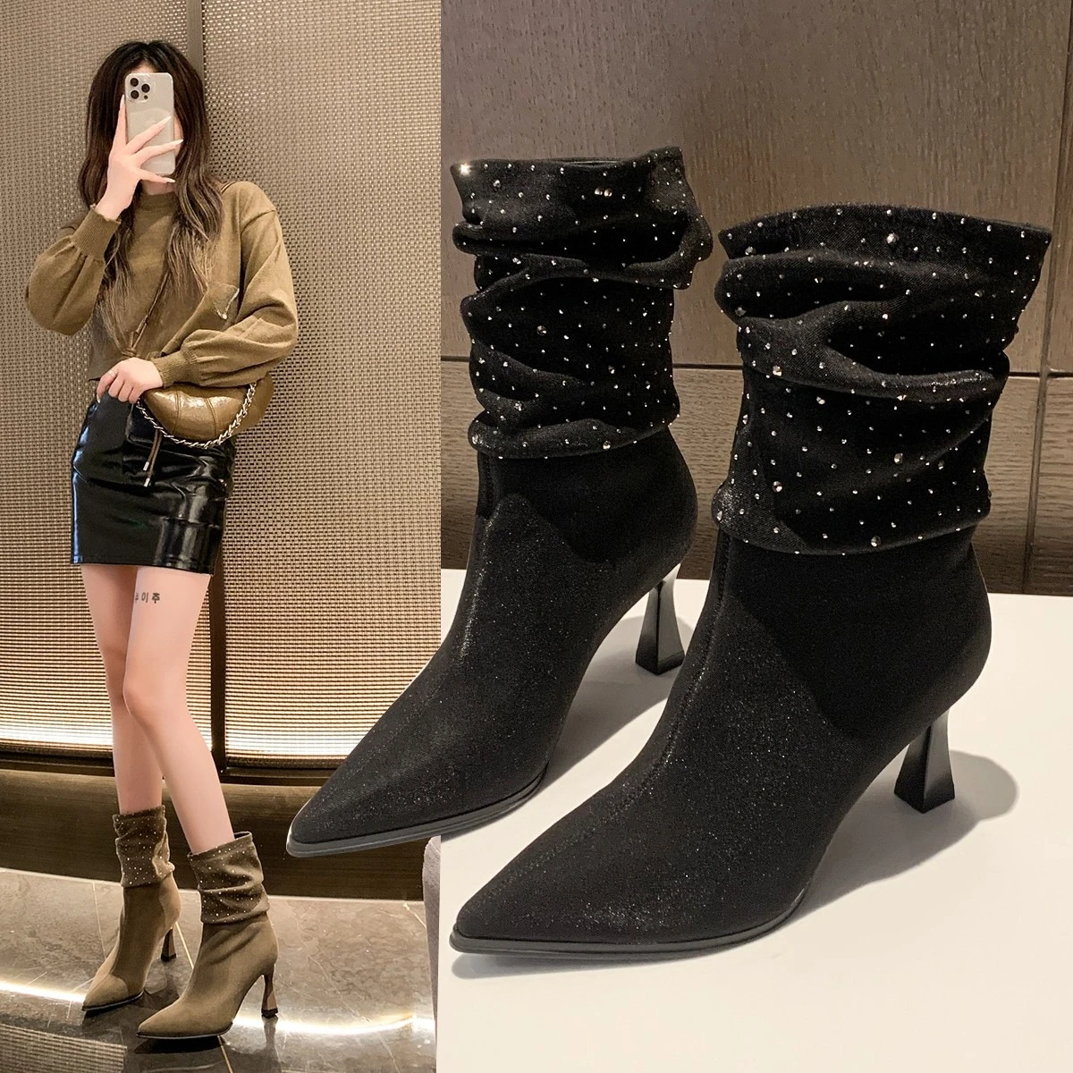 

Sleeve Suede Slim-heel Single Boots Autumn New Pointed Toe Rhinestone Anti-Slip Wear-Resistant Booties